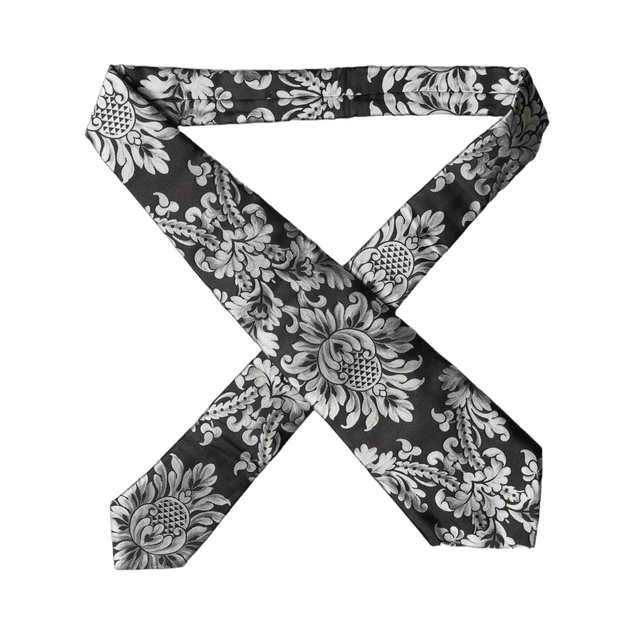 Black Silver Floral Silk Adjustable Women Necktie Tie