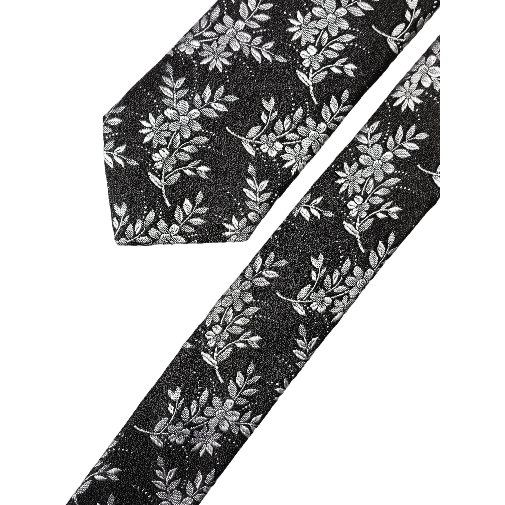 Black White Floral Silk Adjustable Men Tied Necktie Tie