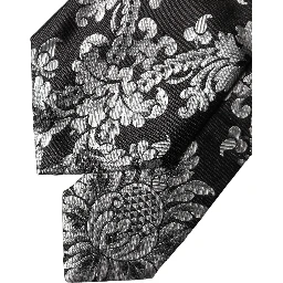 Black Silver Floral Silk Adjustable Women Necktie Tie