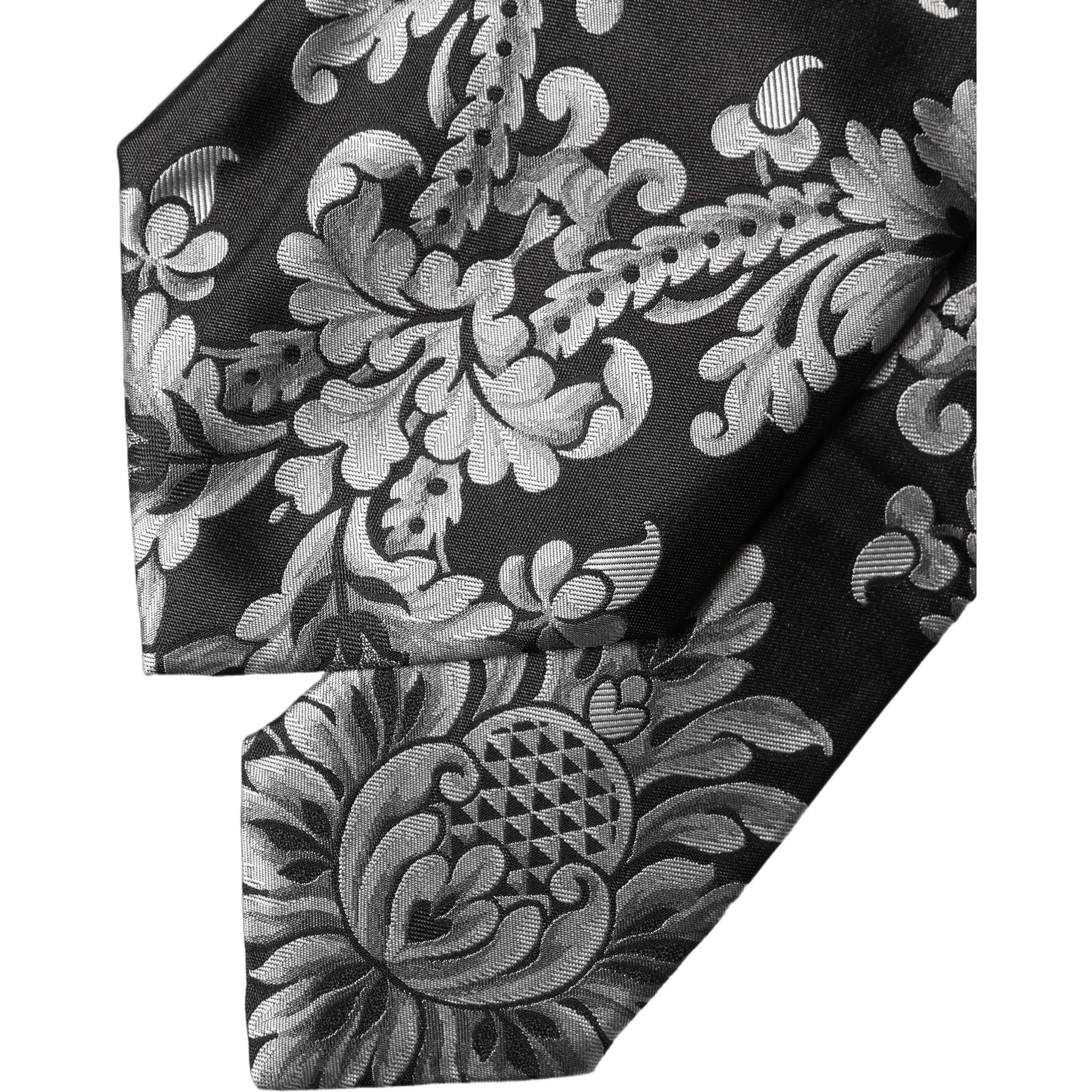 Black Silver Floral Silk Adjustable Women Necktie Tie