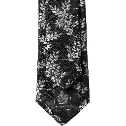 Black White Floral Silk Adjustable Men Tied Necktie Tie