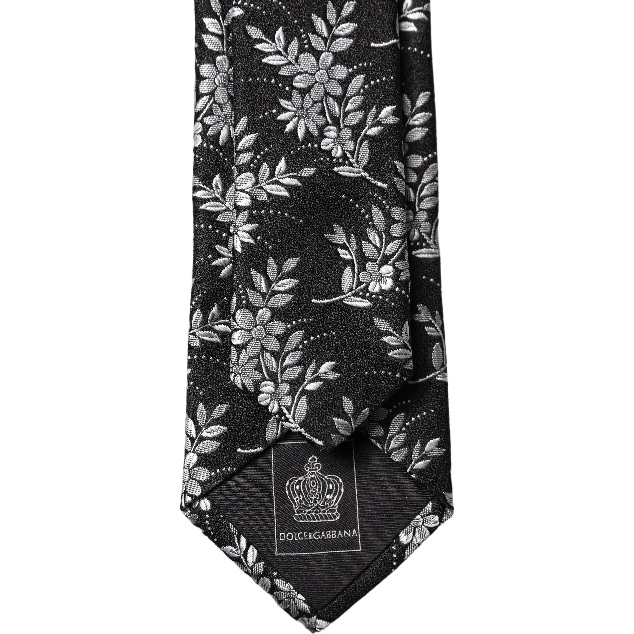 Black White Floral Silk Adjustable Men Tied Necktie Tie