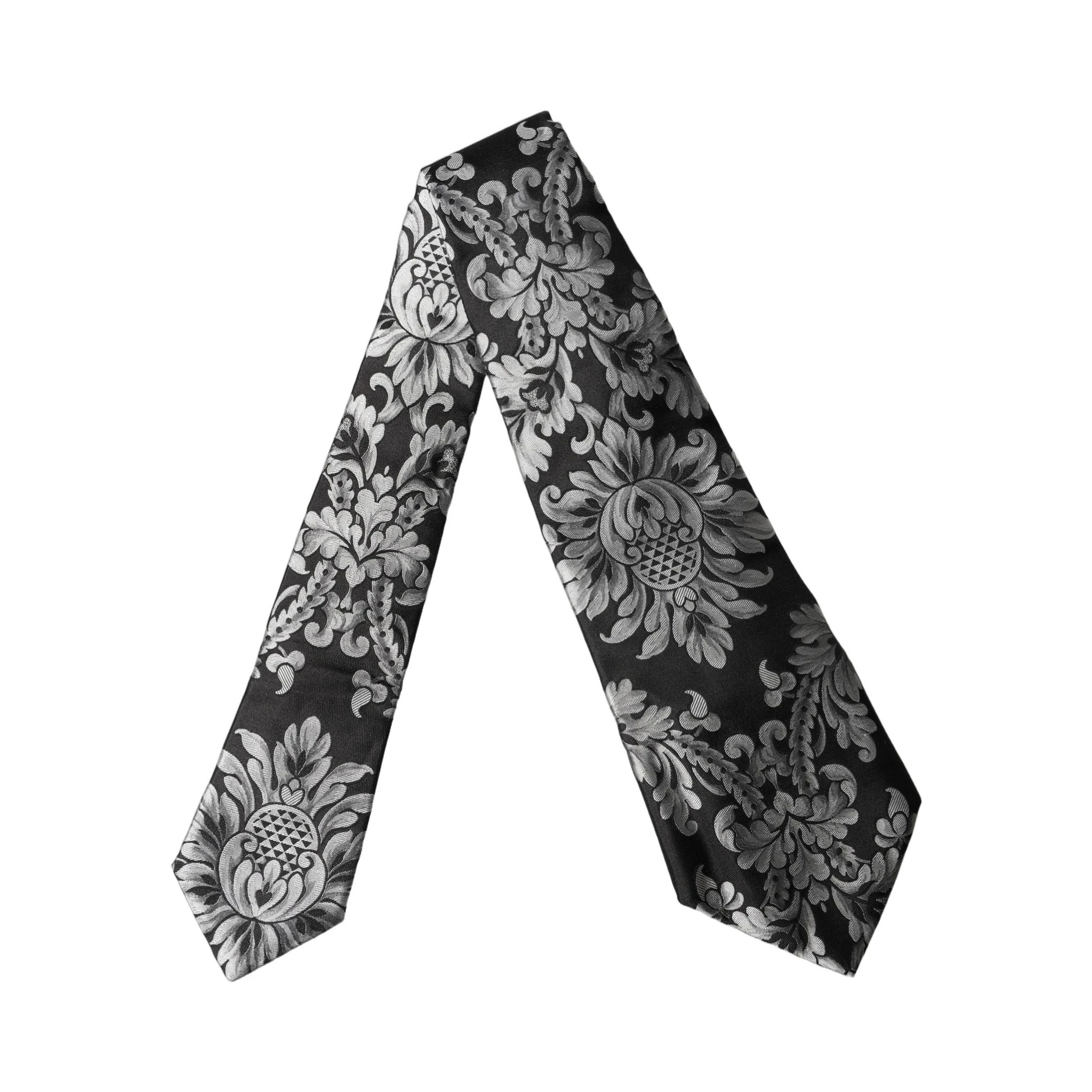 Black Silver Floral Silk Adjustable Women Necktie Tie