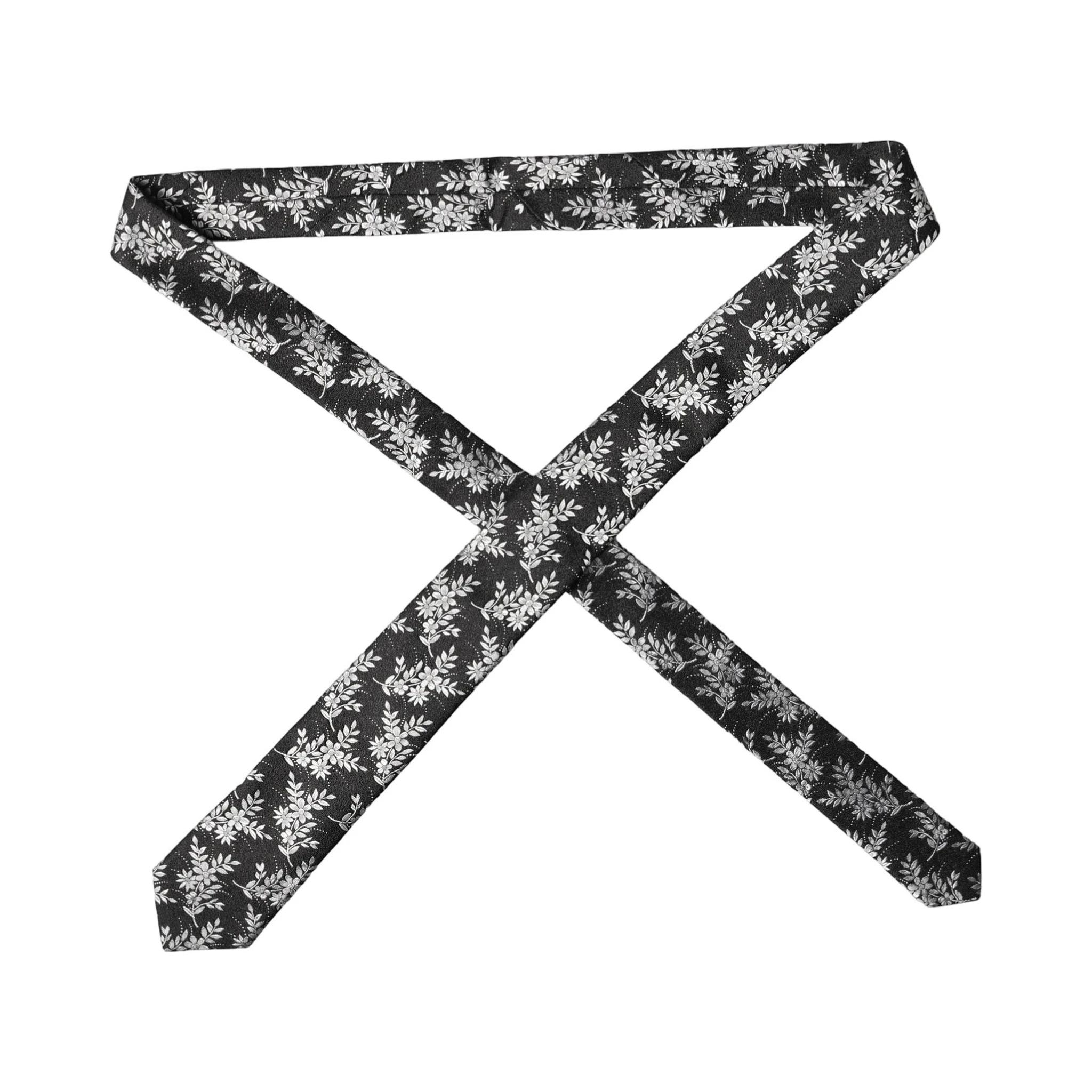 Black White Floral Silk Adjustable Men Tied Necktie Tie