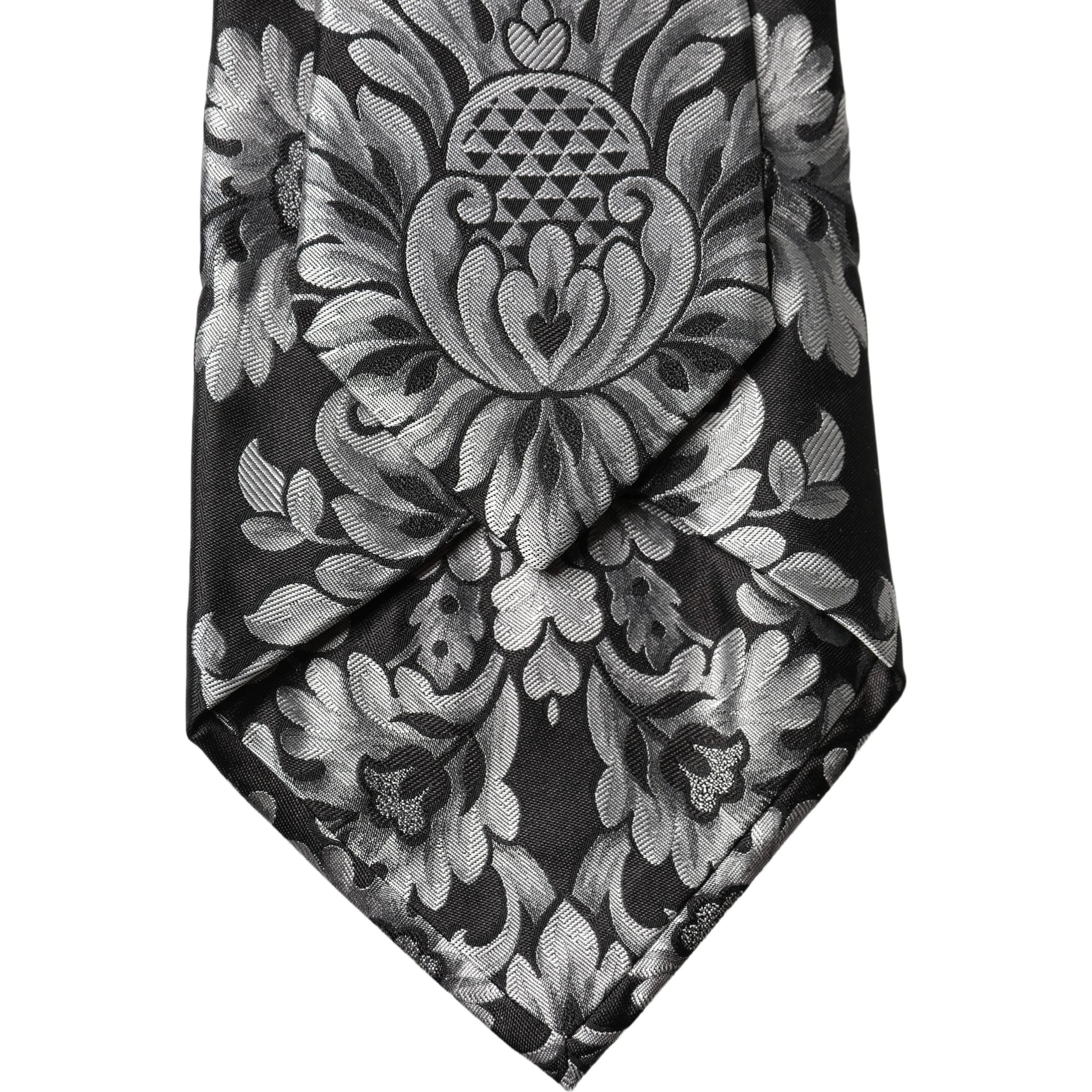 Black Silver Floral Silk Adjustable Women Necktie Tie