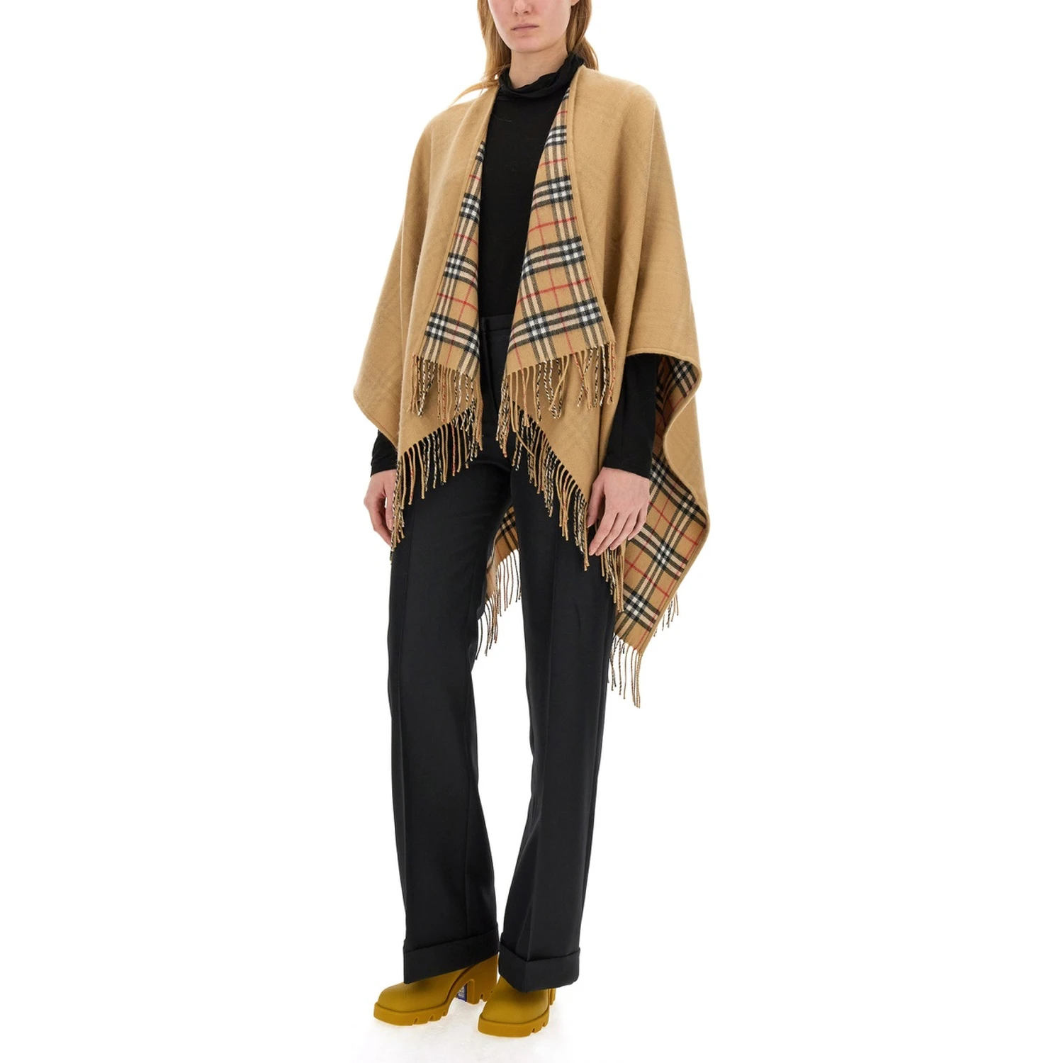 REVERSIBLE CHECK WOOL CAPE