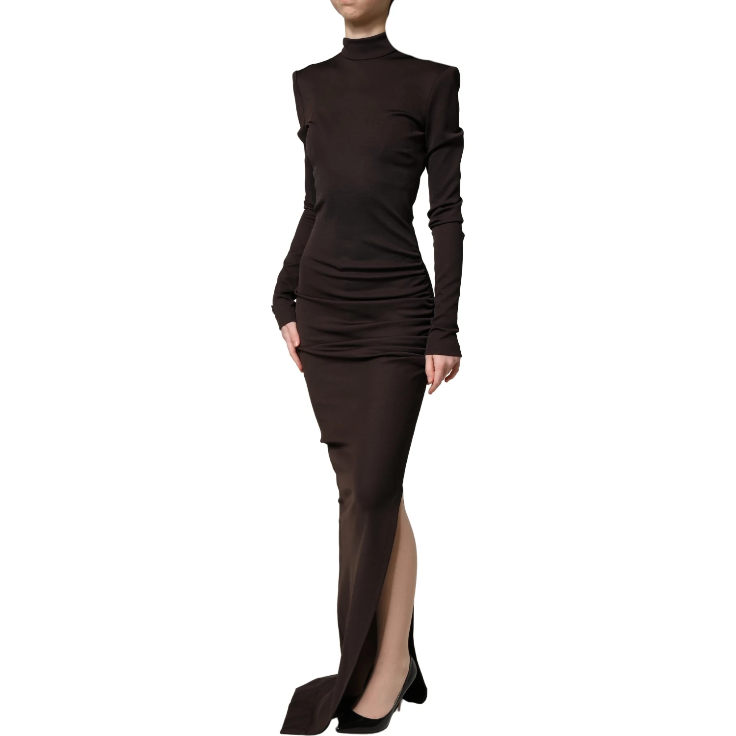 Brown Turtleneck Jersey Long Maxi Dress