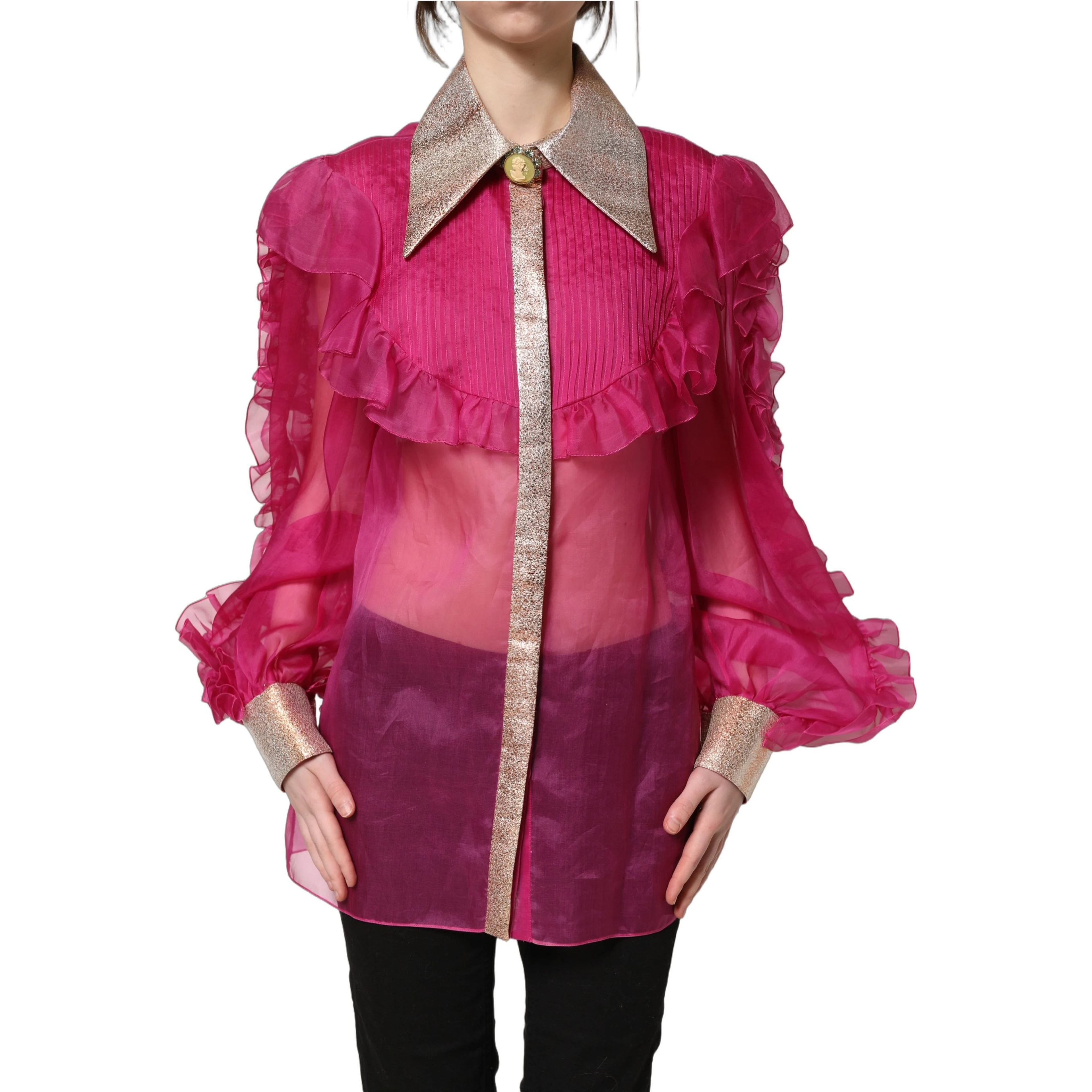 Fuchsia Sheer Chiffon Buttoned Blouse Top