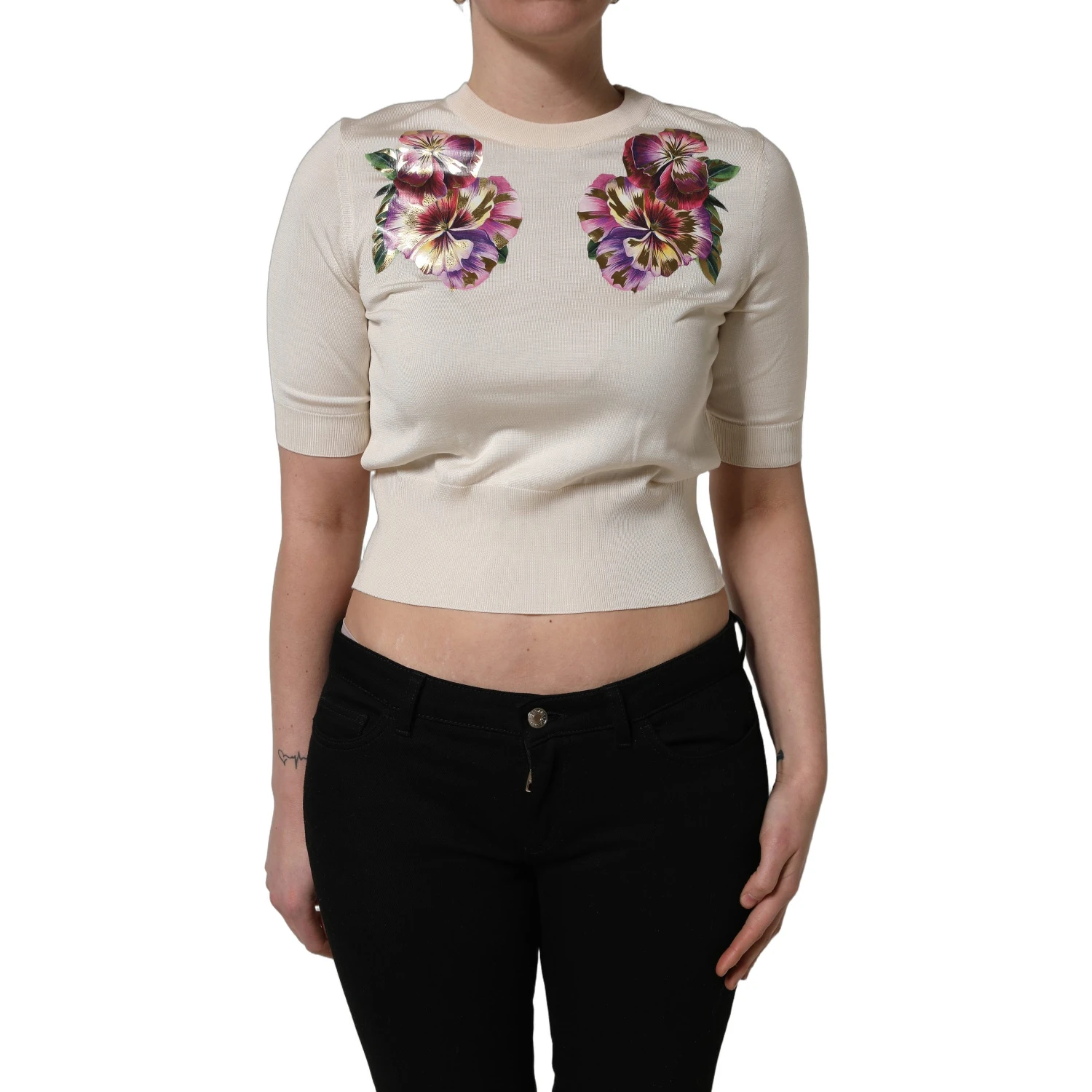 Beige Floral Print Silk CrewNeck Pullover Top