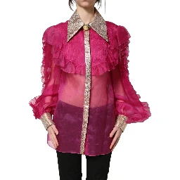 Fuchsia Sheer Chiffon Buttoned Blouse Top