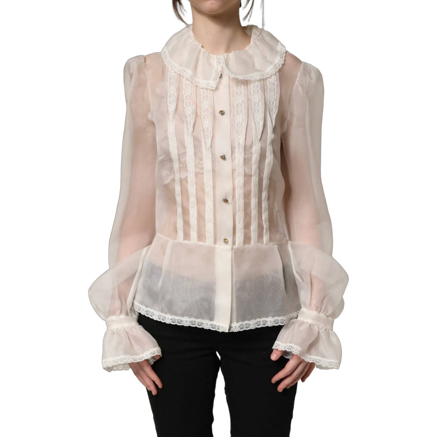 White Ruffled Sheer Silk Buttoned Blouse Top