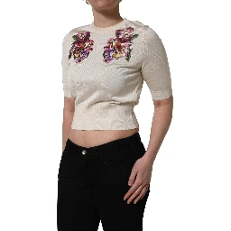 Beige Floral Print Silk CrewNeck Pullover Top