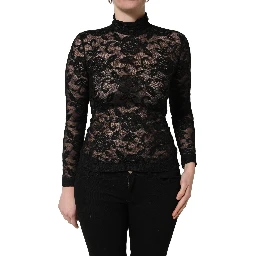 Black Floral Lace Turtle Neck Long Sleeve Top