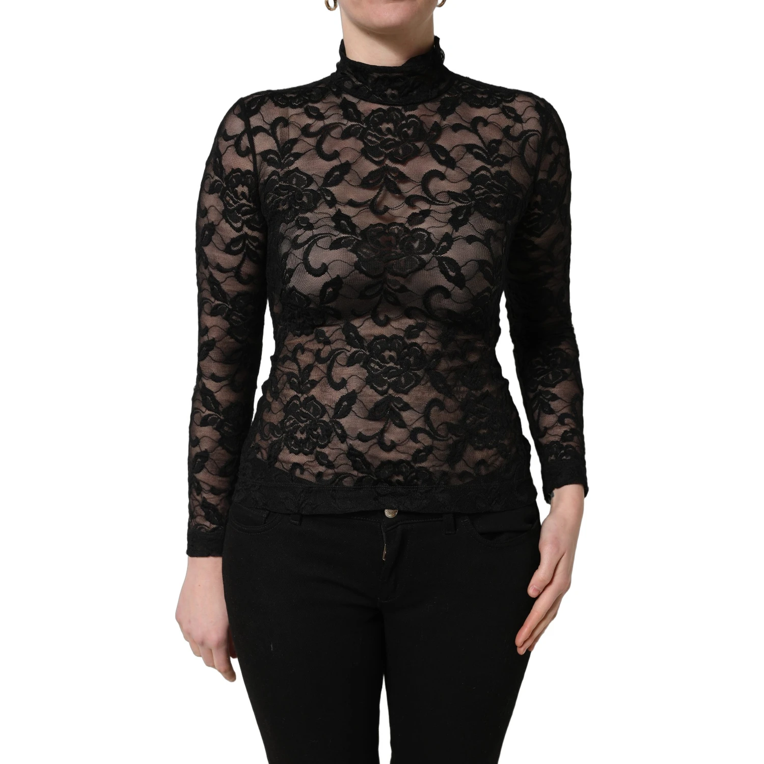 Black Floral Lace Turtle Neck Long Sleeve Top