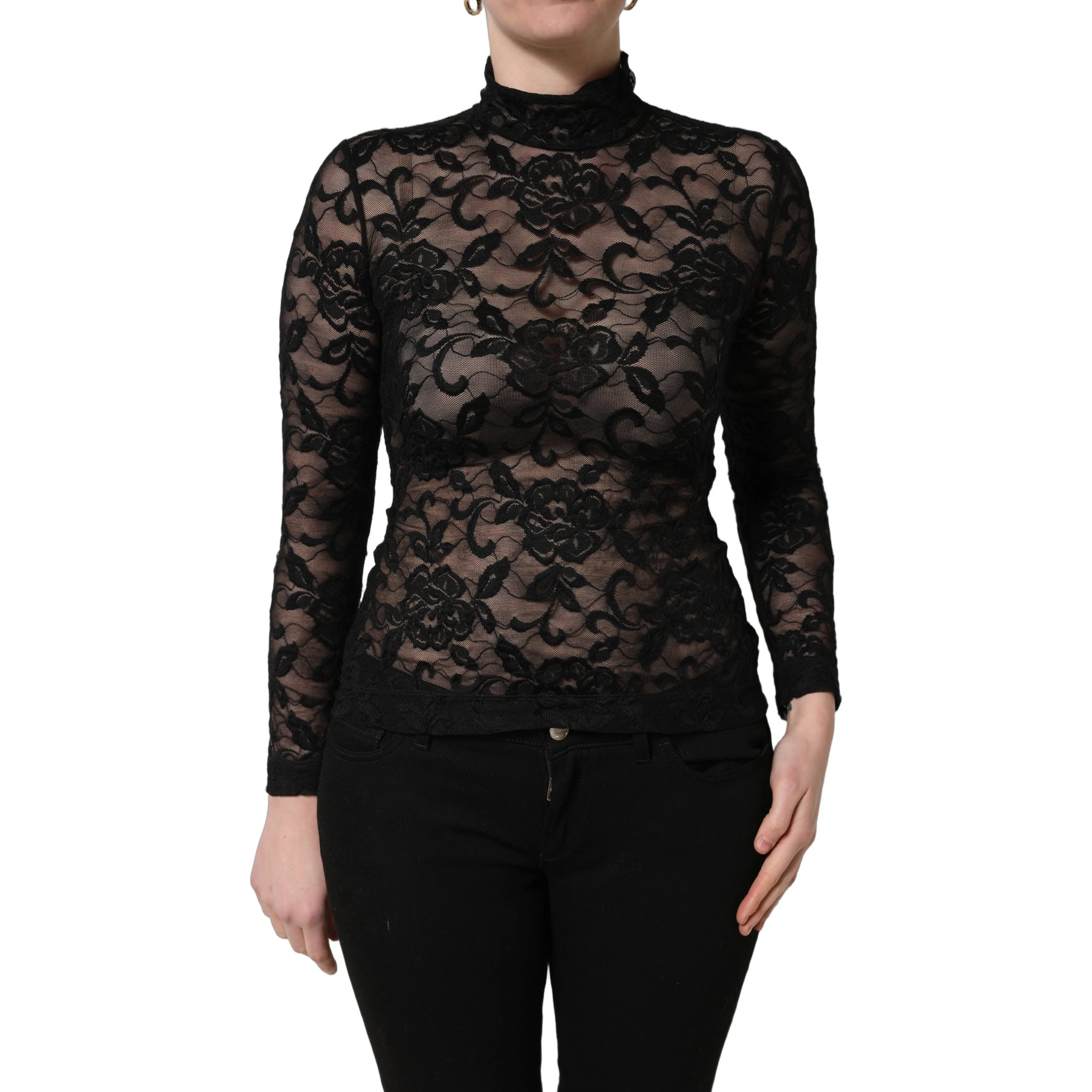 Black Floral Lace Turtle Neck Long Sleeve Top