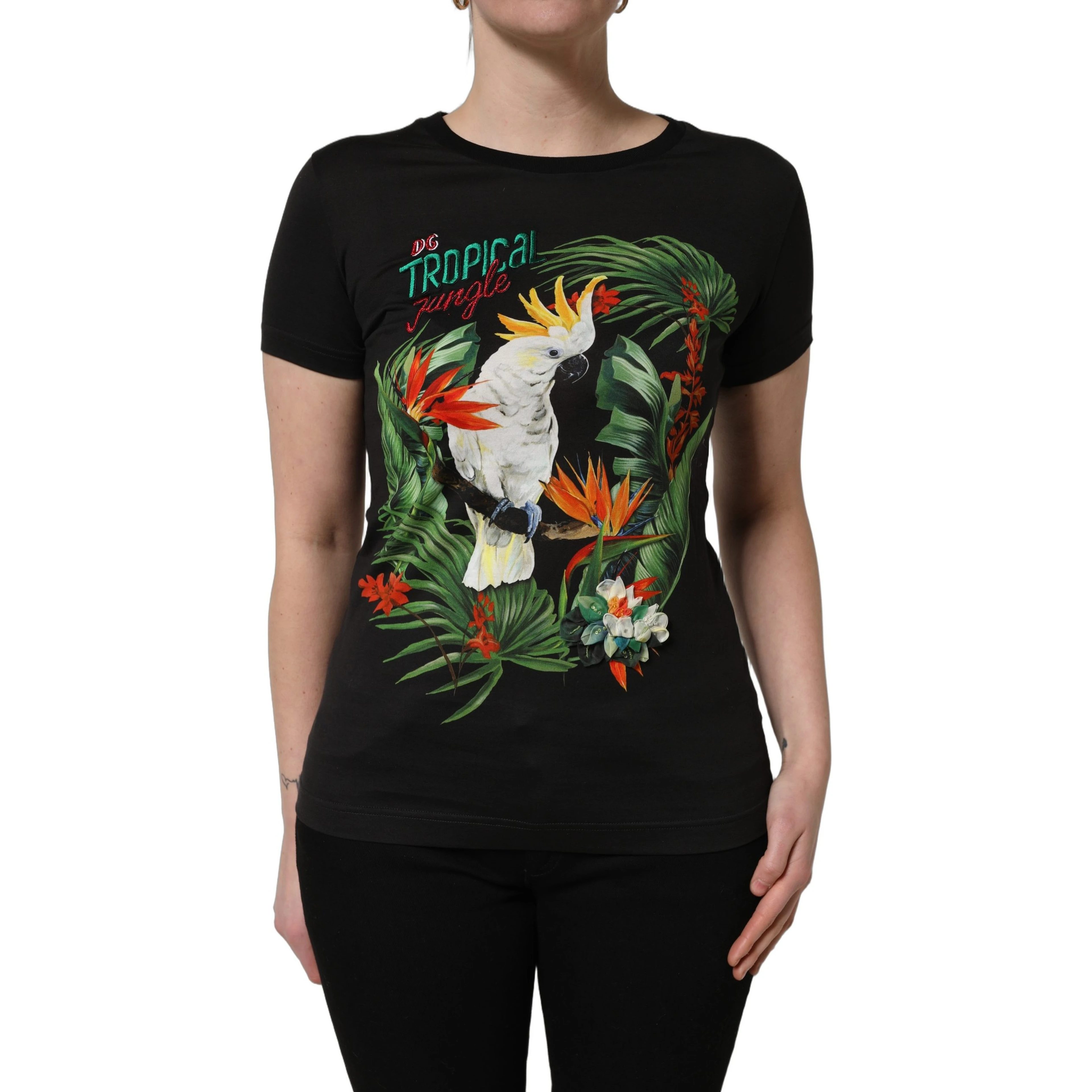 Black Tropical Print Cotton Round Neck T-Shirt
