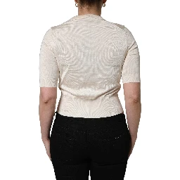 Beige Floral Print Silk CrewNeck Pullover Top
