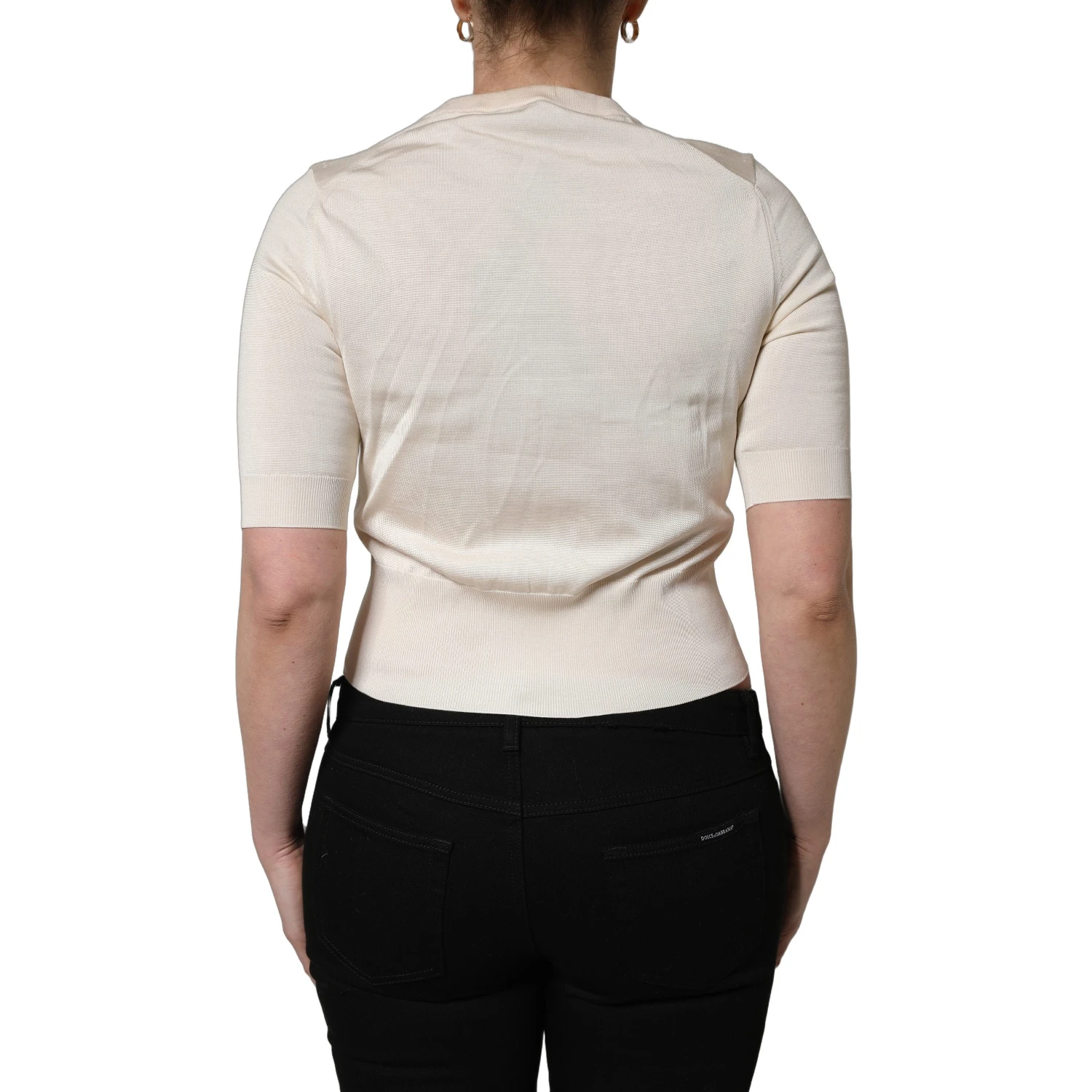 Beige Floral Print Silk CrewNeck Pullover Top