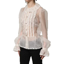 White Ruffled Sheer Silk Buttoned Blouse Top