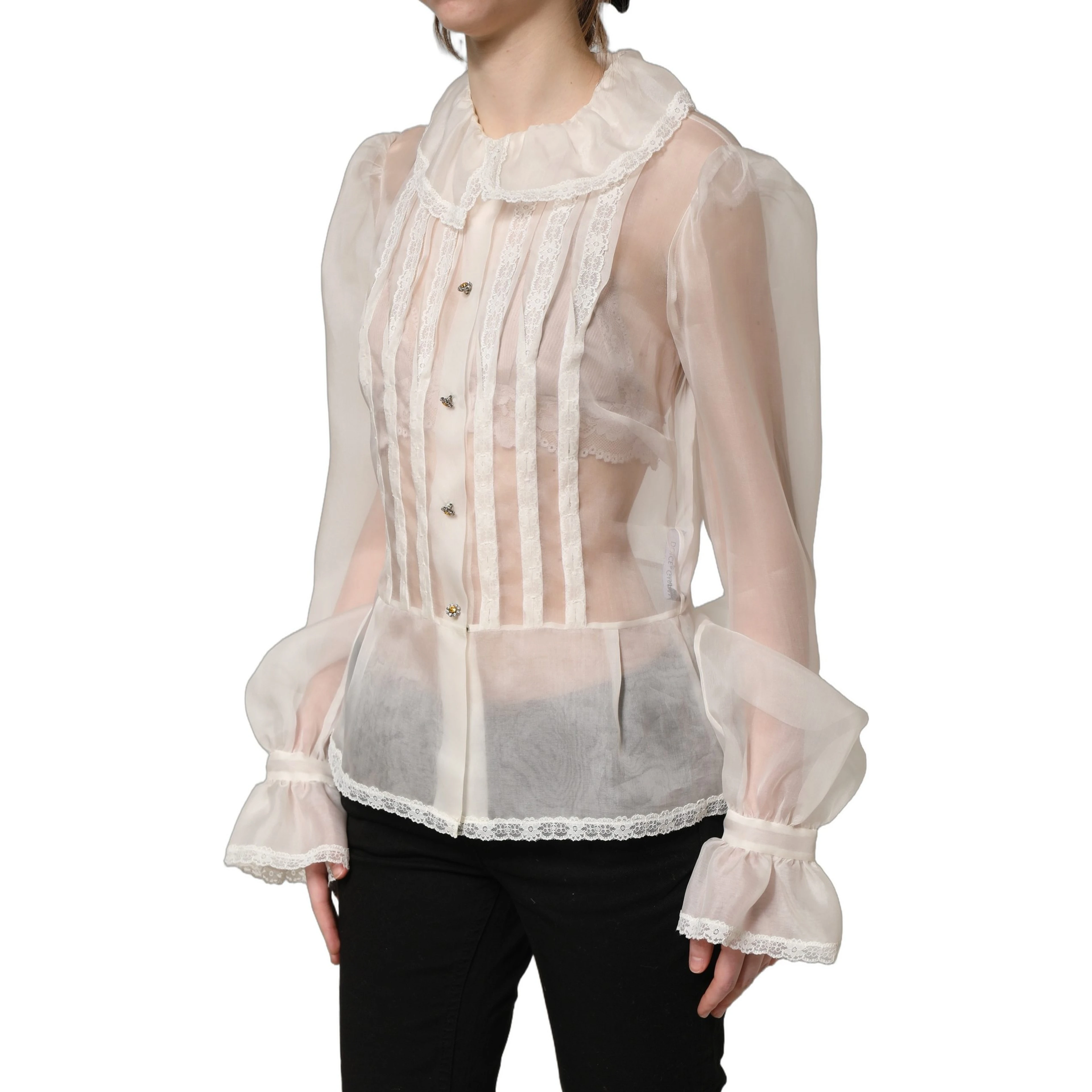 White Ruffled Sheer Silk Buttoned Blouse Top