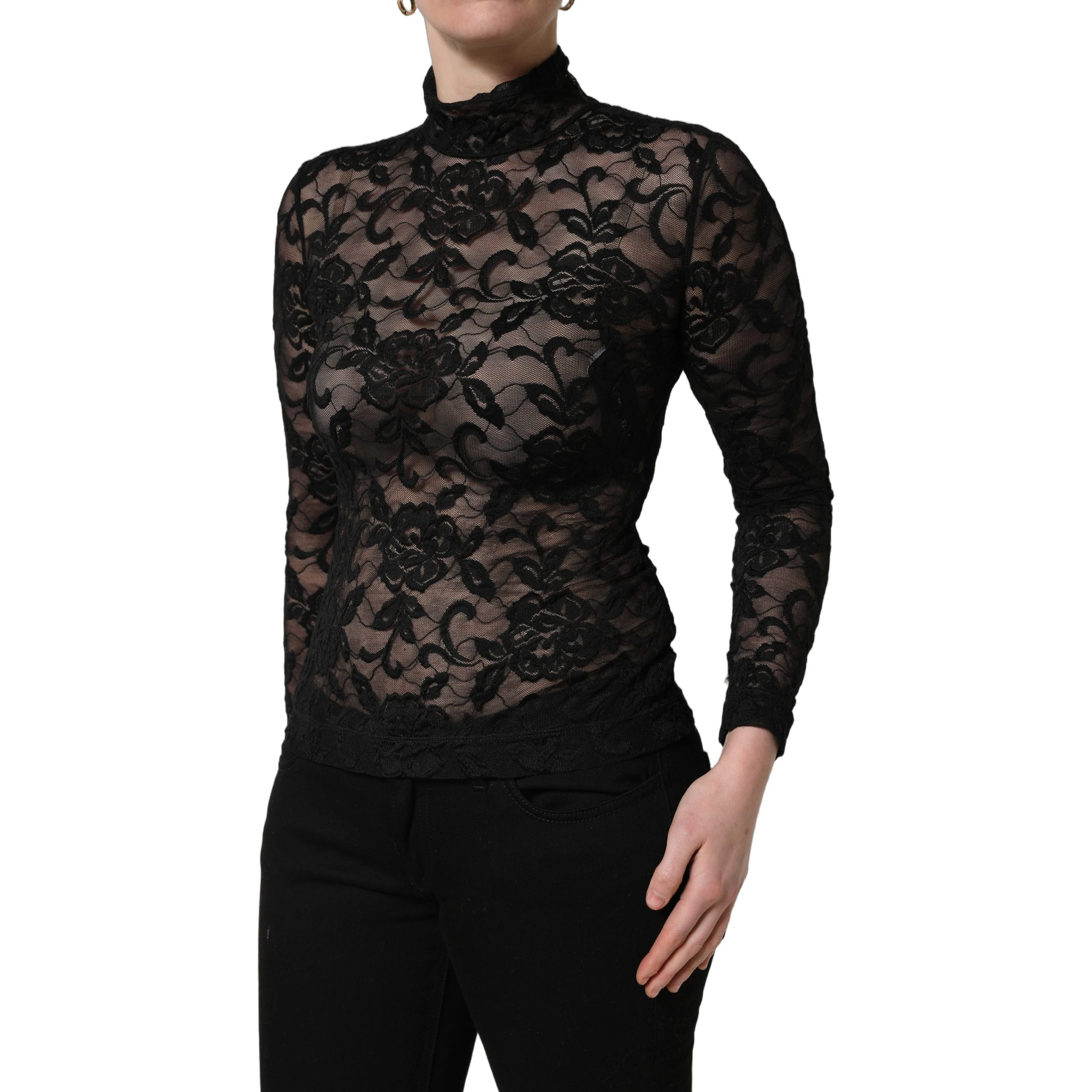 Black Floral Lace Turtle Neck Long Sleeve Top