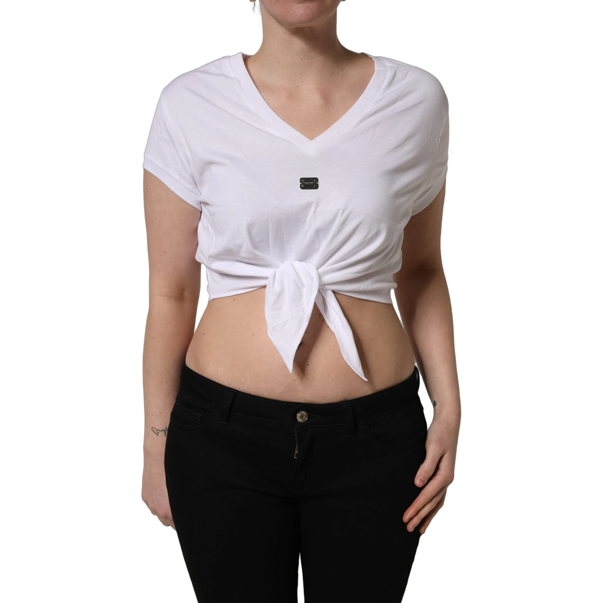 White Logo Embroidered TieWaist Cropped Top