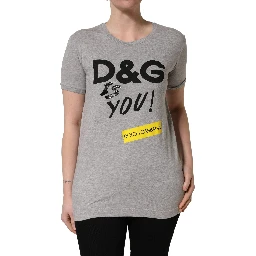 Gray Cotton Logo Printed Crew Neck T-shirt