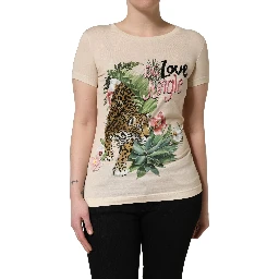 Beige Jungle Print Cotton Round Neck T-Shirt