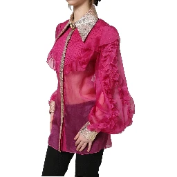 Fuchsia Sheer Chiffon Buttoned Blouse Top