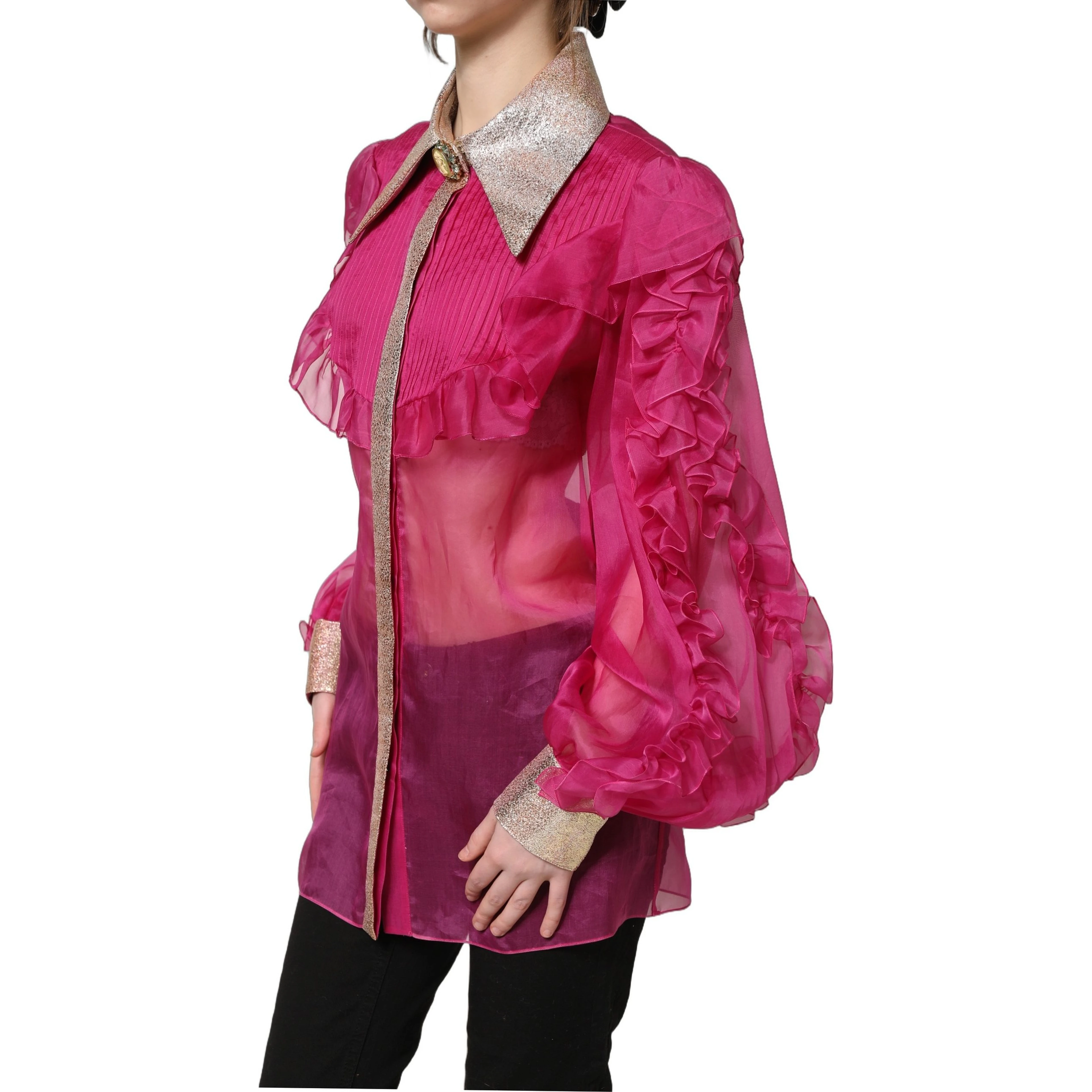 Fuchsia Sheer Chiffon Buttoned Blouse Top