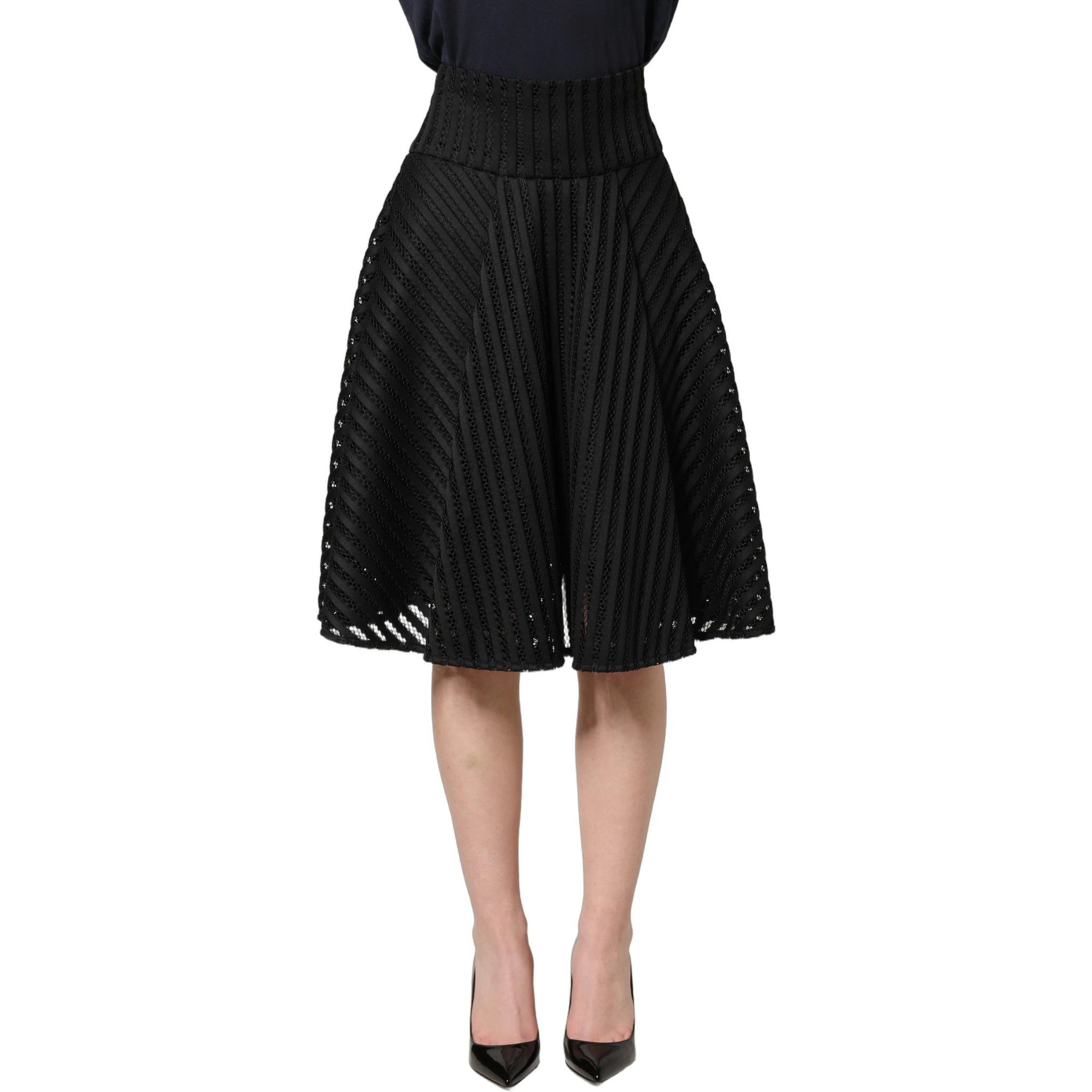 Cotton Striped Flared Silhouette Aline Midi Black