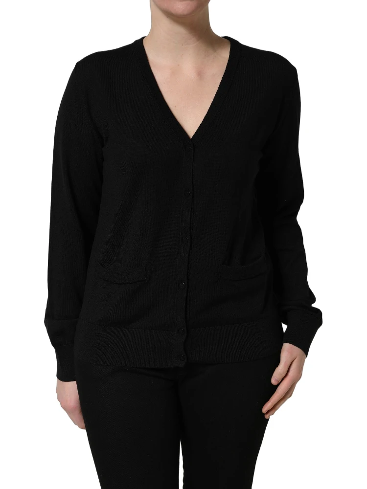 Black Wool Knit Button Cardigan Sweater