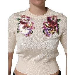 Beige Floral Print Silk CrewNeck Pullover Top