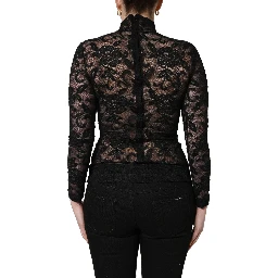 Black Floral Lace Turtle Neck Long Sleeve Top
