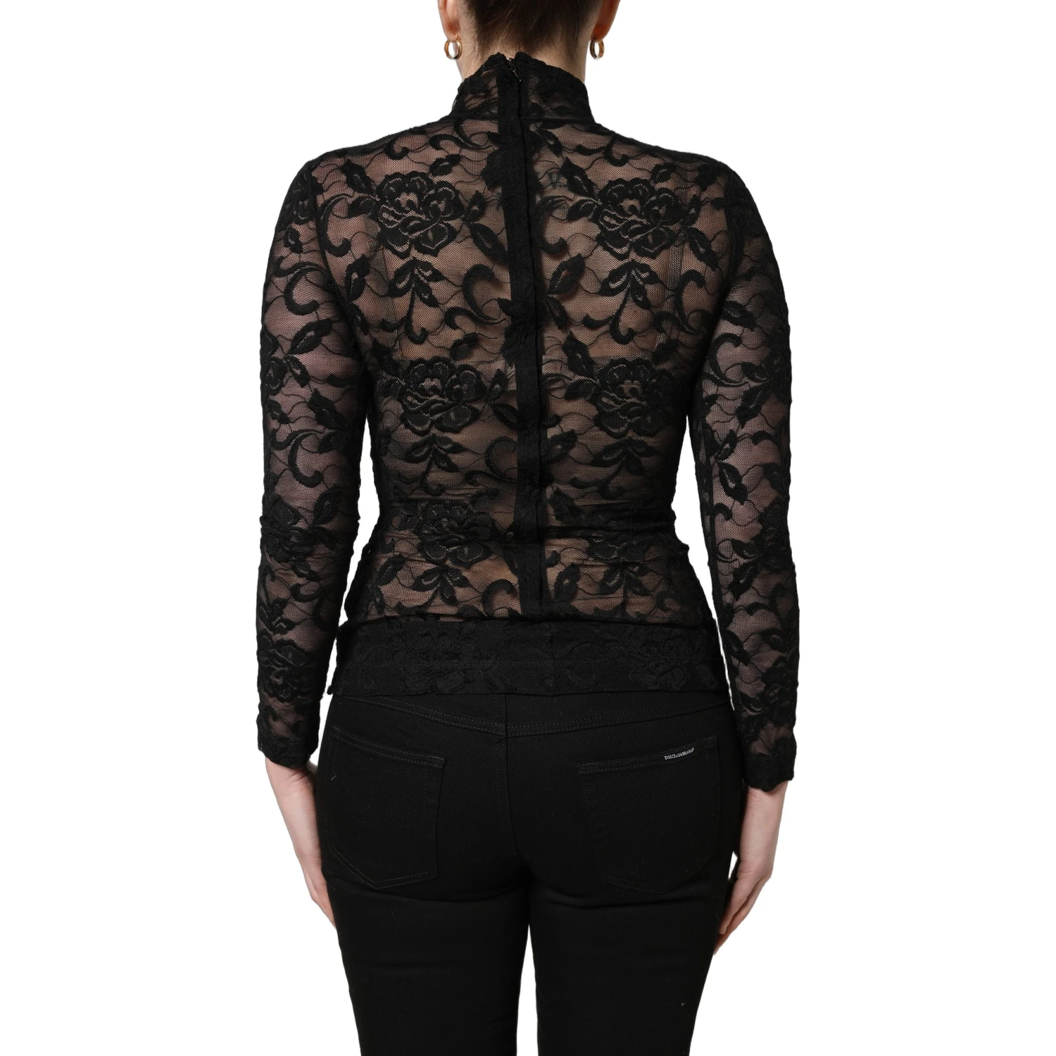 Black Floral Lace Turtle Neck Long Sleeve Top