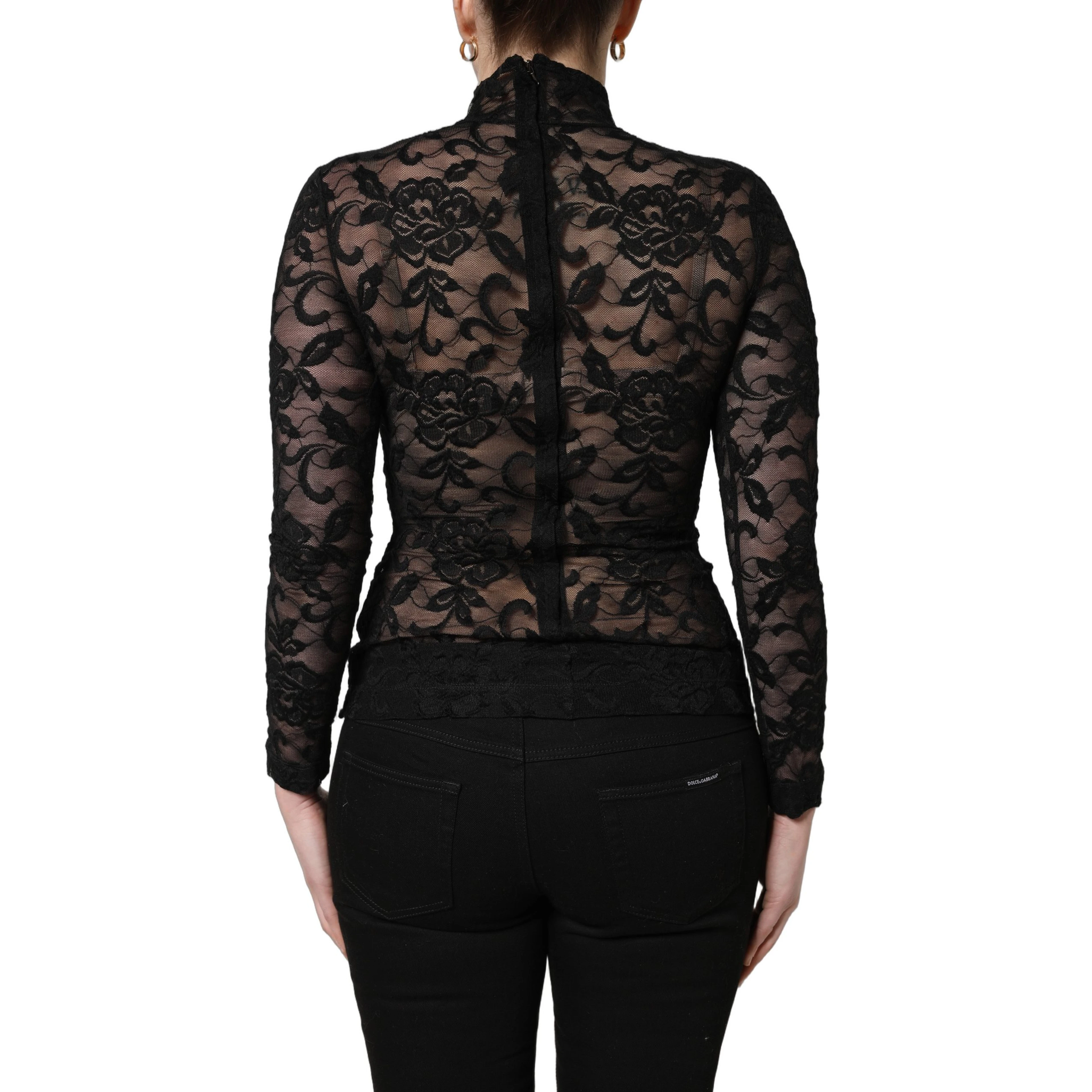 Black Floral Lace Turtle Neck Long Sleeve Top