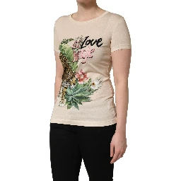 Beige Jungle Print Cotton Round Neck T-Shirt