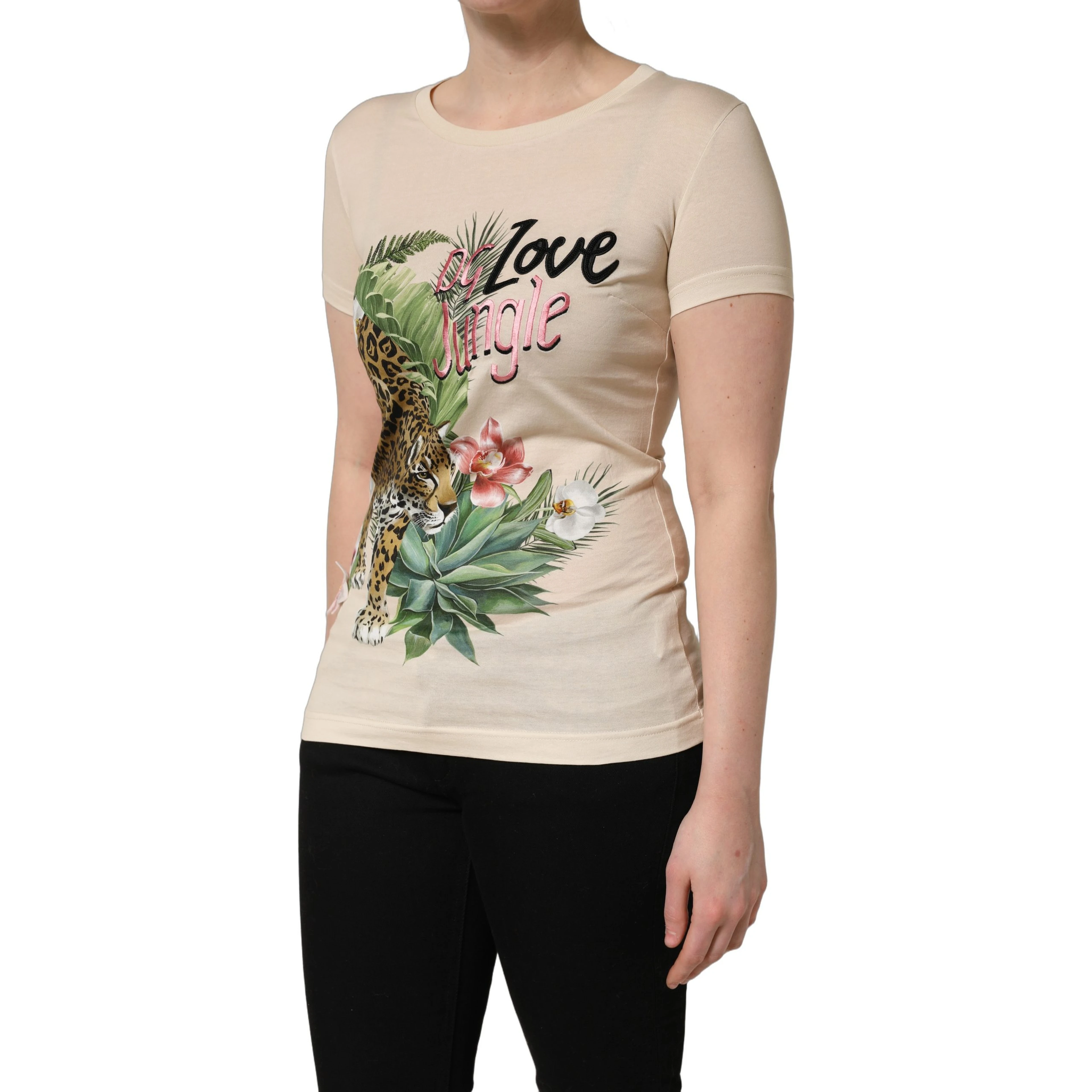 Beige Jungle Print Cotton Round Neck T-Shirt