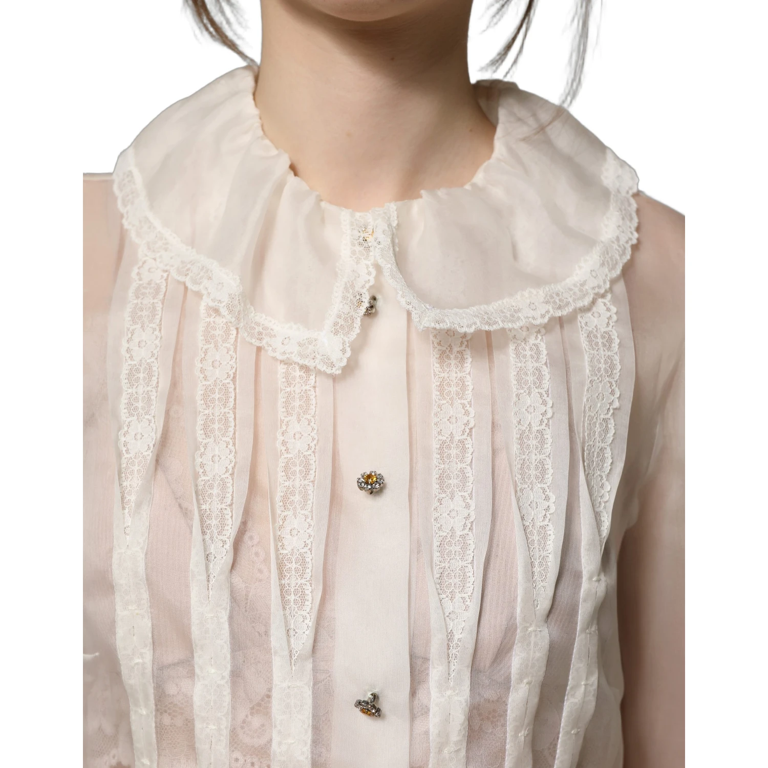 White Ruffled Sheer Silk Buttoned Blouse Top