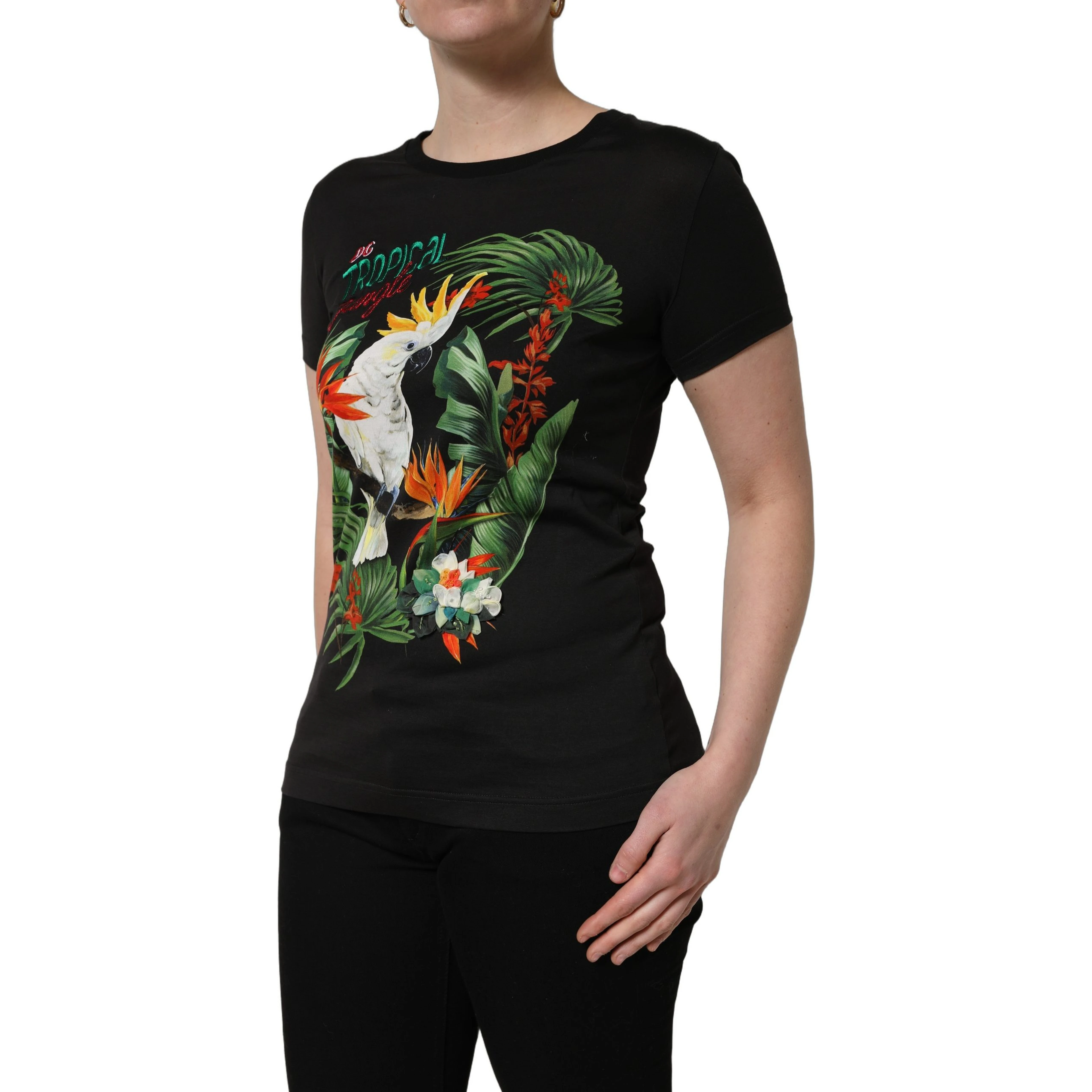Black Tropical Print Cotton Round Neck T-Shirt