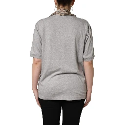 Gray Cotton V-neck Owl Silk Scarf Top T-shirt