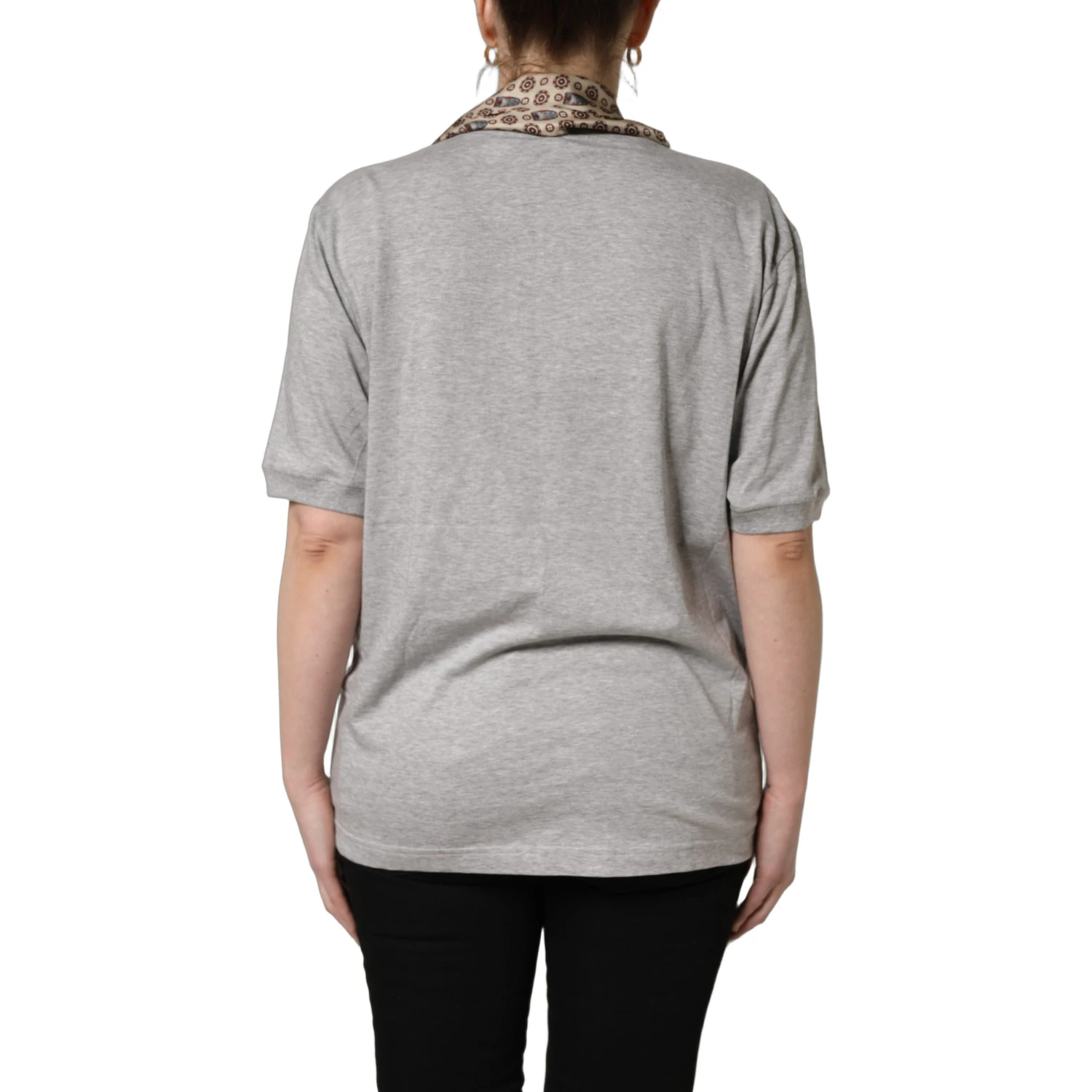 Gray Cotton V-neck Owl Silk Scarf Top T-shirt