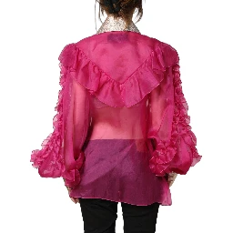 Fuchsia Sheer Chiffon Buttoned Blouse Top