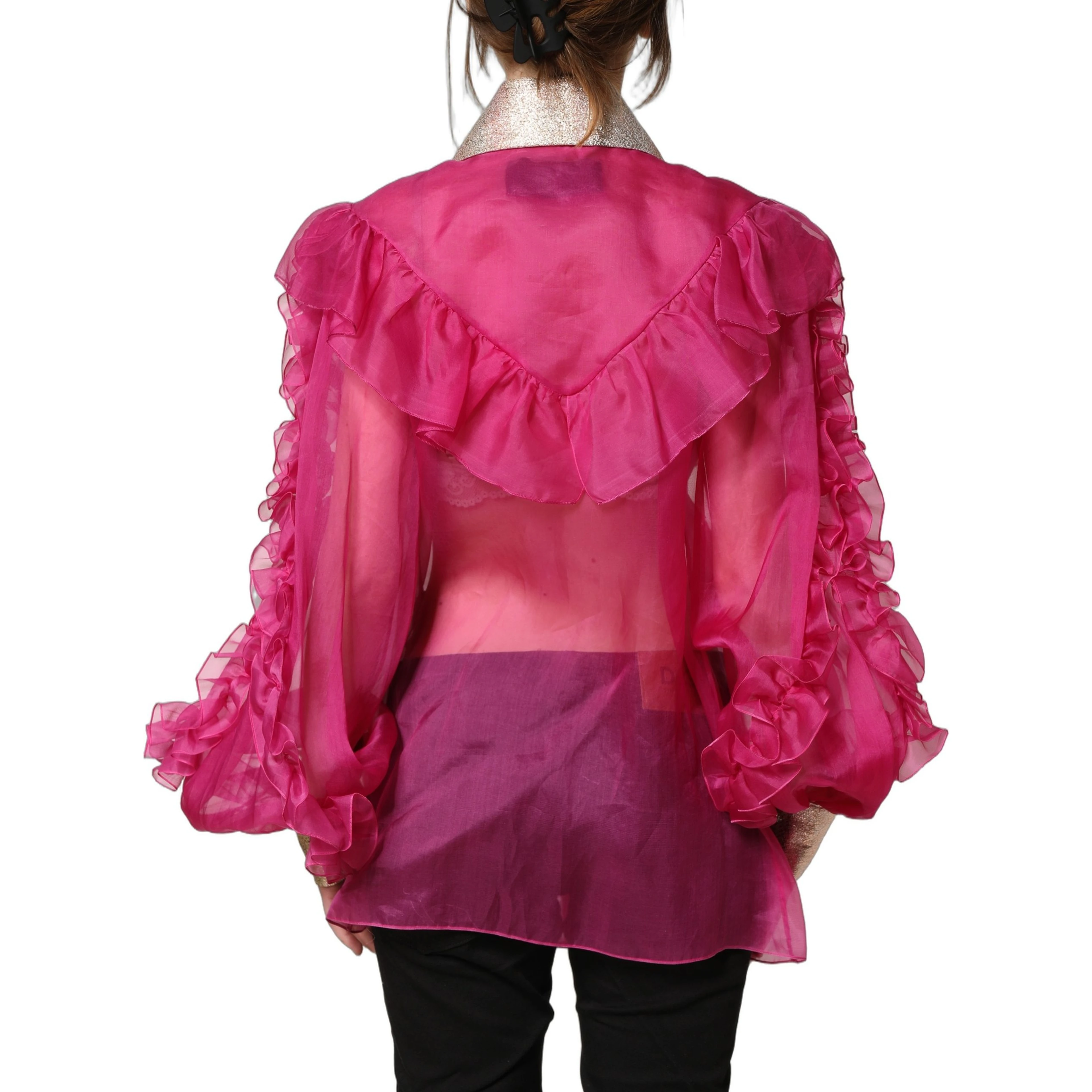 Fuchsia Sheer Chiffon Buttoned Blouse Top