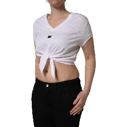 White Logo Embroidered TieWaist Cropped Top
