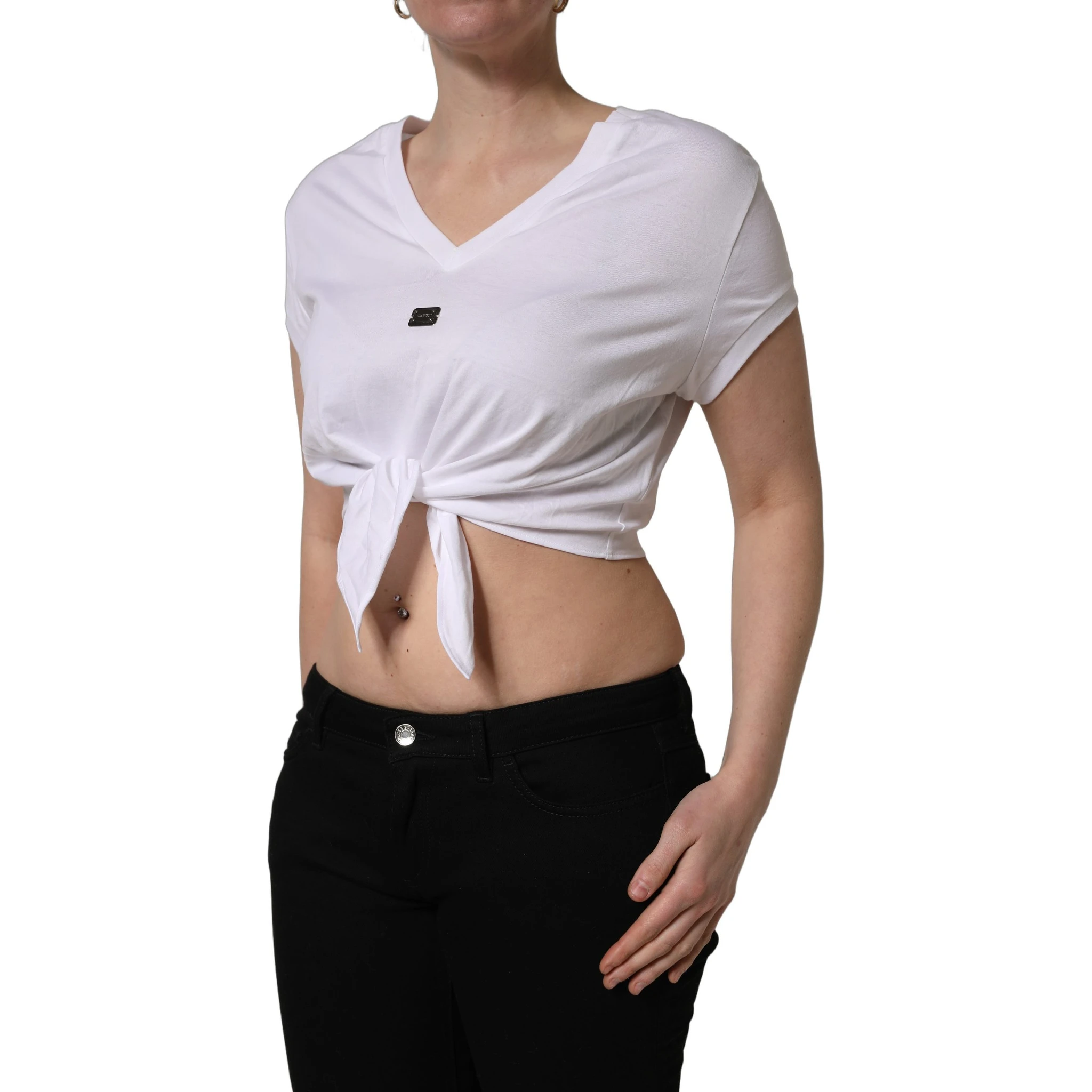 White Logo Embroidered TieWaist Cropped Top
