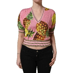 Pink Pineapple Vneck Short Sleeve Cropped Top