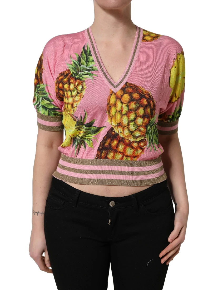 Pink Pineapple Vneck Short Sleeve Cropped Top