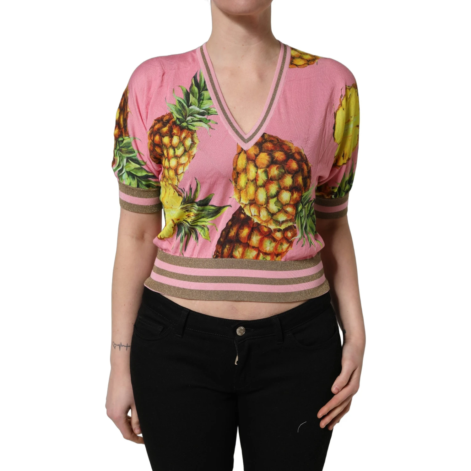 Pink Pineapple Vneck Short Sleeve Cropped Top