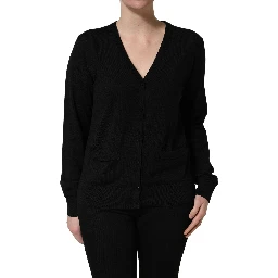 Black Wool Knit Button Cardigan Sweater
